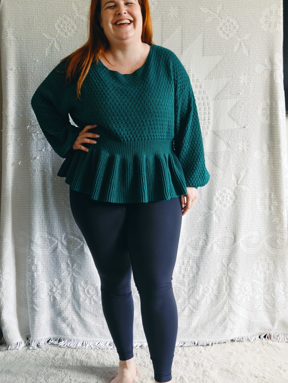 SHEIN Curve 2XL | Forest Green Waffle Knit Peplum Sweater | Ribbed Flared Top